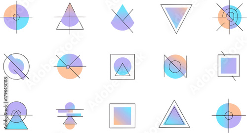 A set of minimalist abstract geometric shapes and signs in soft pastel gradients. Includes circles, triangles, squares, and division symbols. Clean vector illustration for modern design.