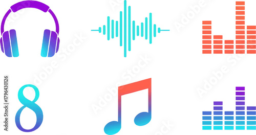 A set of colorful vector icons representing music and sound, including headphones, audio waveforms, notes, and graphic equalizer bars. Ideal for digital media and entertainment design.