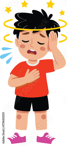 Cartoon sick boy feeling dizzy with headache and chest discomfort, unwell child illustration showing symptoms, medical educational kids health graphic