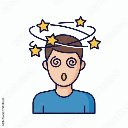 Man feeling dizzy with stars circling his head indicating confusion or disorientation.