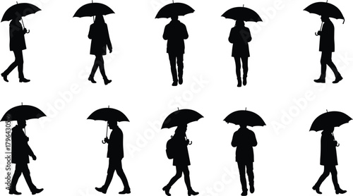 Umbrella walking silhouette, rainy day vector, black figure clipart, weather icon set, coat and stride illustration, outdoor motion design