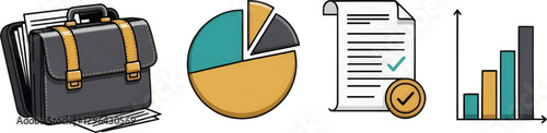 A collection of business and financial management icons, including a brief case, pie chart, verified document, and bar graph. Ideal for corporate and statistics themes.