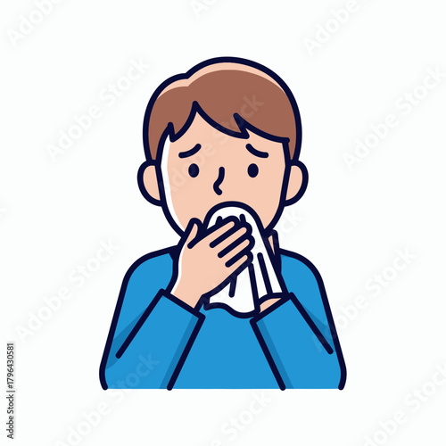 Man Sneezing into Tissue with Sad Expression.
