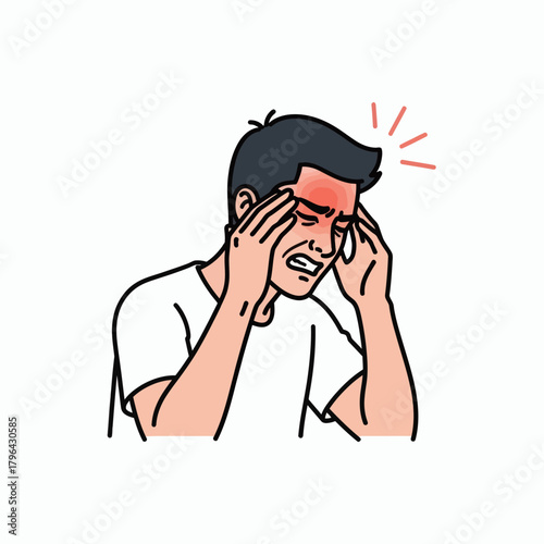 Man suffering from severe headache or migraine holding his temples in pain.