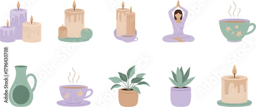 A set of icons for relaxation and self-care, including scented candles, potted plants, tea cups, and a yoga pose figure. Soft colors and calming atmosphere.