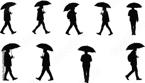 Umbrella walking silhouette, rainy day vector, people with umbrellas clipart, black figure icon, weather illustration, coat and stride design