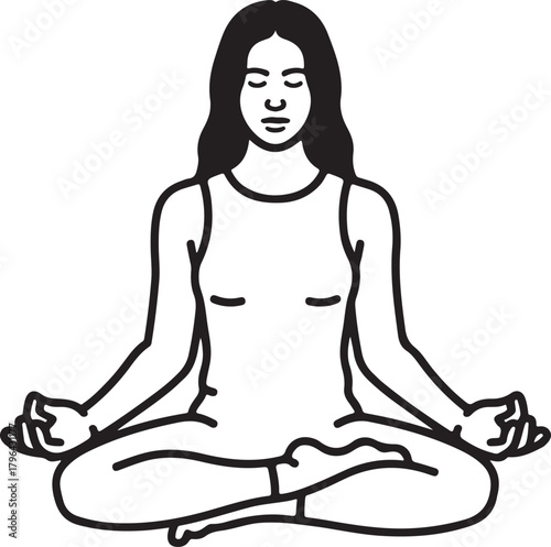 Minimalist vector illustration of a woman meditating with arms raised in a calm and peaceful pose.