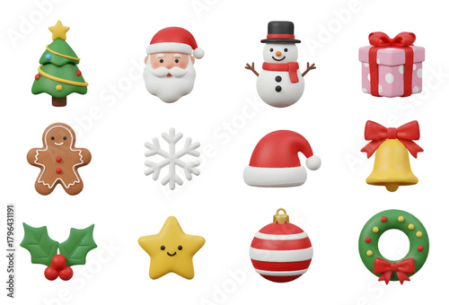 Cute 3D Christmas icon set featuring tree, Santa, snowman, gift, gingerbread, snowflake, hat, bell, bow, holly, star, bauble, and wreath  isolated on white.