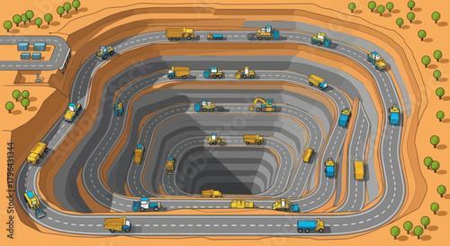 Open Pit Mine with Heavy Machinery and Trucks.