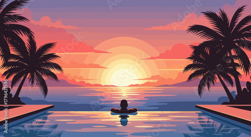 Person relaxing in an infinity pool at sunset with palm trees silhouetted against a vibrant sky.