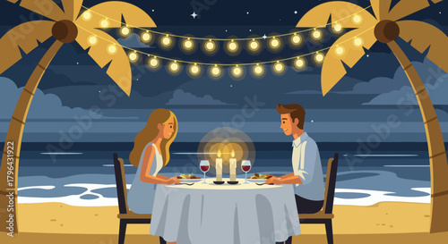 Romantic beach dinner for two under string lights and palm trees at night.