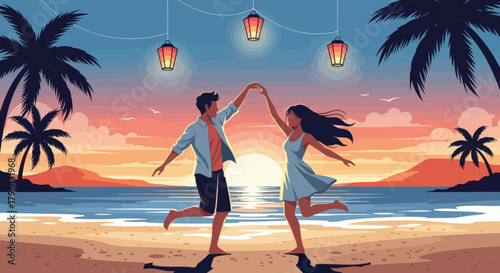 Romantic couple dancing on a tropical beach at sunset with lanterns.