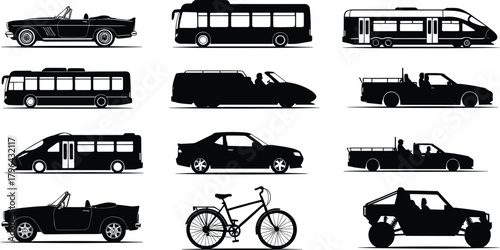 Vehicle silhouettes, transportation icons, car, bus, tram, pickup truck, bicycle, off-road, black vector, mobility types, travel concept, automotive design, transport diversity