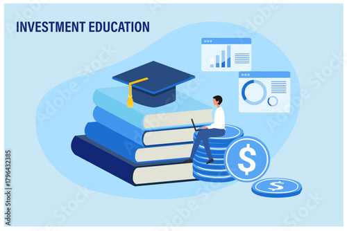 Student investing money in education and knowledge. Education finance vector illustration