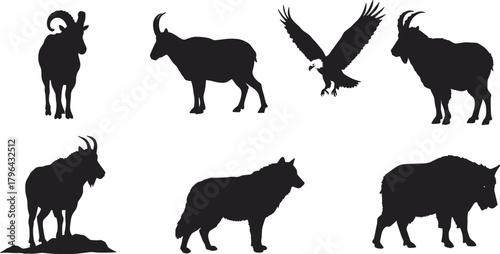 Wild animal silhouette vector, eagle wolf goat clipart, black nature icon, mountain wildlife graphic, rugged terrain animal illustration
