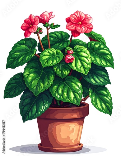 A vibrant illustration features a potted flowering plant with lush green leaves and bright pink blossoms, against a white background