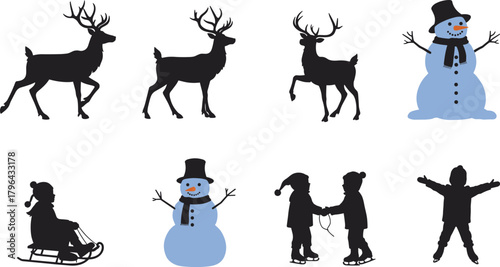 Winter activity silhouette vector, reindeer snowman sled clipart, holiday icon set, black and blue graphic, seasonal fun design