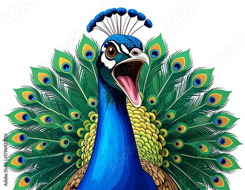 A vibrant illustration features a peacock with a wide open mouth and a fanned tail, showcasing its colorful feathers