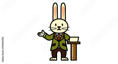 Cartoon rabbit presenter with formal attire near a podium on white background