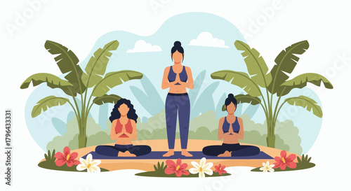 Three women meditating outdoors in a serene tropical setting with palm trees and flowers.