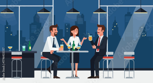 Three friends enjoying drinks and conversation at a modern bar.