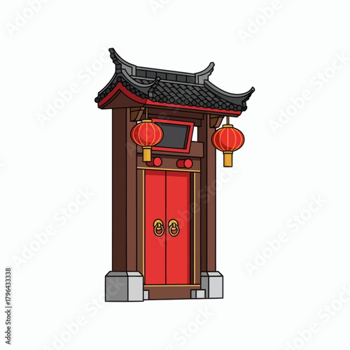Traditional Chinese Gate with Red Doors and Lanterns.