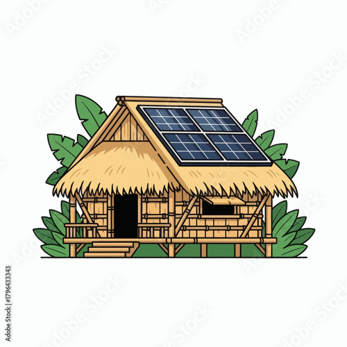 Traditional Hut with Solar Panels in a Lush Green Environment.