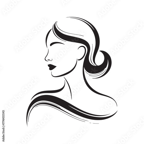 Black and white line art profile of a woman with elegant updo hairstyle face head