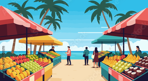 Tropical Beach Market with Fresh Fruits and Palm Trees.