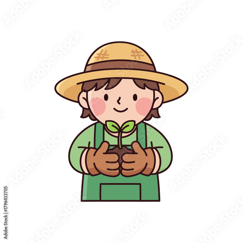 A Cute Farmer Character in a Gardening Scene Holding a New Sprout