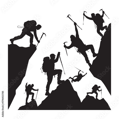 Black silhouette climbers ascend rugged mountain peaks with ice axes and poles climbing