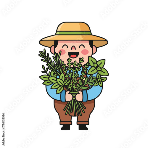 Cute Gardener Character Scene with Herbs Cheerful Illustration