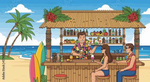 Tropical Beach Bar Scene with Bartender and Customers Enjoying Drinks by the Ocean.