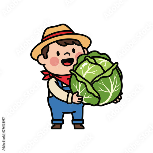 A cute farmer character in a charming farm scene, happily holding a freshly harvested giant cabbage