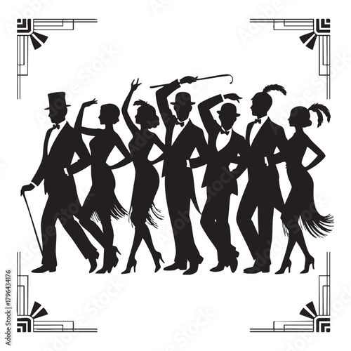 Black silhouettes of dancers in 1920s attire with art deco borders dancing