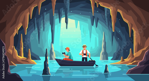 Two explorers in a boat navigating through a vibrant blue underground cave with stalactites and stalagmites.
