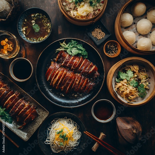 Beijing roast duck with steam rising, traditional bamboo steamer nearby, cinematic daylight atmosphere