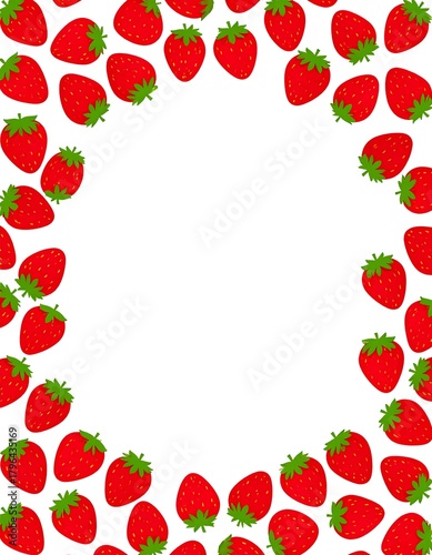 A vibrant illustration features numerous stylized red fruits with green tops arranged in a circular pattern against a blank white backdrop