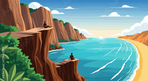 Two people meditating on a cliff overlooking a serene ocean and sandy beach at sunset.