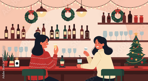 Two women enjoying drinks at a festive bar decorated for Christmas.