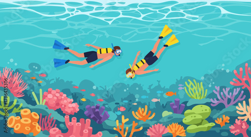 Two snorkelers explore a vibrant coral reef teeming with colorful marine life under clear blue water.