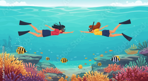 Two women snorkeling in a vibrant coral reef with tropical fish.