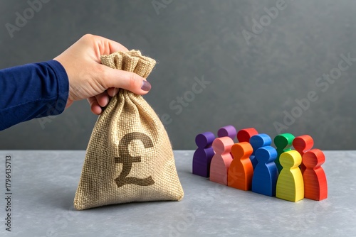 A businessman holds a british pound sterling money bag near a group of people figurines. Social support concept. Preferential loans for entrepreneurs and businesses.