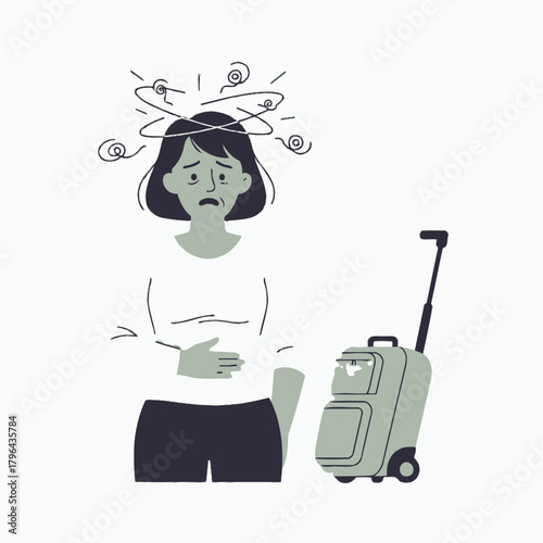 Woman Experiencing Motion Sickness While Traveling with Luggage.