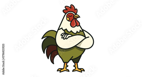 Cartoon rooster character with crossed arms isolated on white background