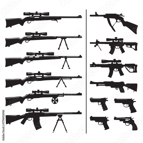 Collection of black silhouette firearms including rifles and handguns pistol