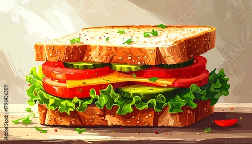 A vibrant illustration of a stacked sandwich on grainy wood. The food shows fresh lettuce, tomato, cucumber, cheese, and seasoned bread