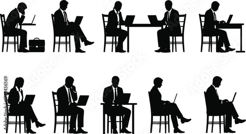 Business people working on laptops, office teamwork silhouettes, seated professionals, corporate tech users, digital workspace, remote work posture, business attire, productivity, collaboration, 