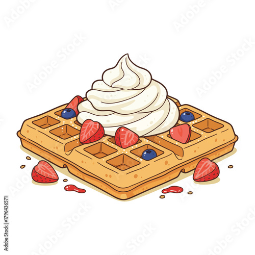 A sweet illustrated Belgian waffle with whipped cream strawberries and blueberries.