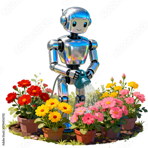 A futuristic humanoid robot finds joy in gardening, carefully watering vibrant and colorful potted flowers